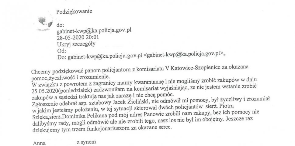 zdjęcie czarno - białe: skan podziękowania dla policjantów z Komisariatu V Policji w Katowicach
