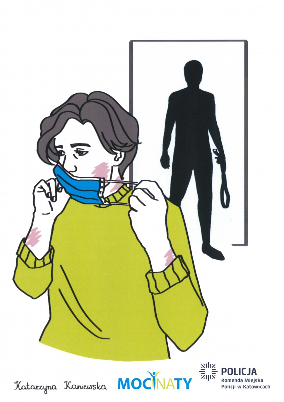 zdjęcie kolorowe: plakat graficzny przedstawiający kobietę z posiniaczoną twarzą zasłaniającą siniaki maseczka ochronna w tle cień mężczyzny trzymającego w ręce pas