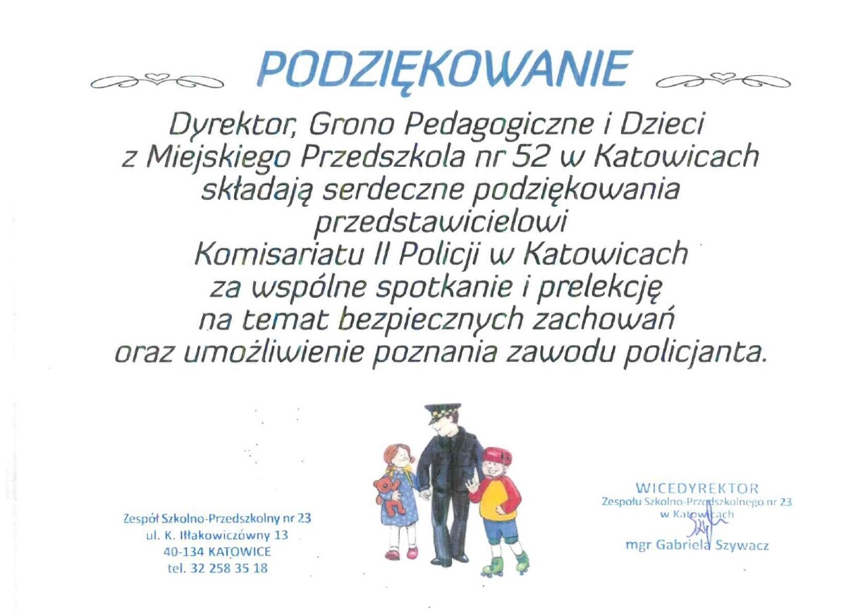 zdjęcie kolorowe: podziękowania dla dzielnicowych z Komisariatu Policji II w Katowicach za spotkanie z dziećmi