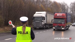 Policjantka zatrzymuje do kontroli samochód ciężarowy