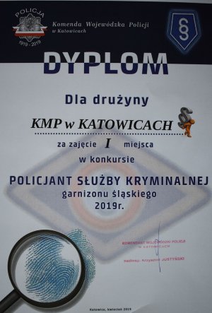 dyplom za zajęcie I miejsca z logo Policji i służby kryminalnej