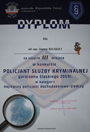 dyplom za zajęcie III miejsca z logo Policji i służby kryminalnej