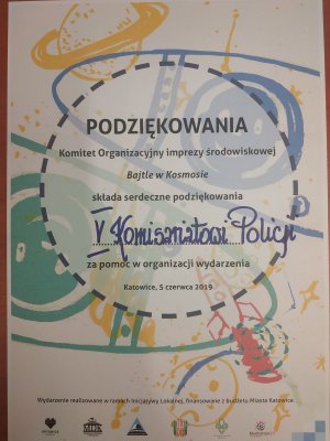 na zdjęciu widać dyplom - podziękowania od komitetu organizacyjnego dla Komisariatu V Policji w Katowicach