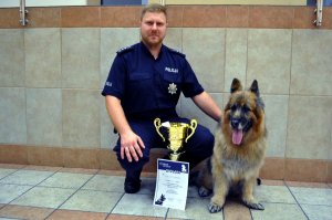 Na zdjęciu widać policjanta przewodnika psa który pozuje ze swoim psem do zdjęcia przed nimi stoi puchar i dyplom