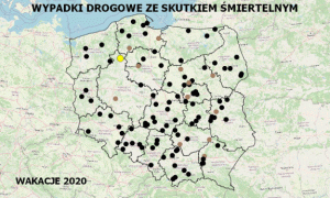 zdjęcie kolorowe: mapa Polski z zaznaczonymi miejscami, w których doszło do śmiertelnego zdarzenia drogowego
