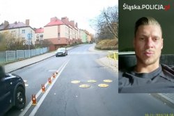 zdjęcie kolorowe: na zdjęciu kadr z kamery samochodowej i zdjęcie Łukasza Piszczka, który komentuje niebezpieczne zachowanie kierującego