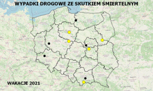 zdjęcie kolorowe: mapa konturowa Polski z zaznaczonymi miejscami, gdzie doszło do wypadków drogowych