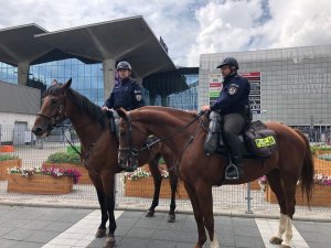 zdjęcie kolorowe: policjanci na koniach służbowych przed Galerią Katowicką