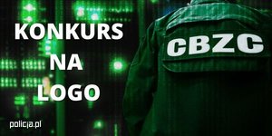 zdjęcie kolorowe: na zielonym tle napis o treści: konkurs na logo CBZC oraz rękaw policyjnego munduru z napisem CBZC
