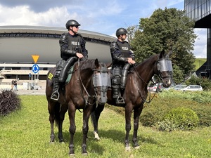 zdjęcie kolorowe: policjanci słuzby konnej podczas zabezpieczenia marszu