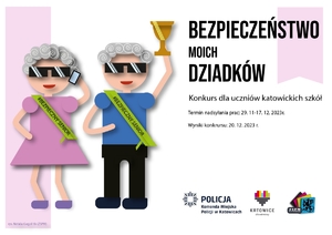 zdjęcie kolorowe: plakat przedstawiający babcie i dziadka i zachęcający do udziału w konkursie pn: „Bezpieczeństwo moich Dziadków”