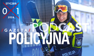 zdjęcie kolorowe: okładka Gazety Policyjnej przedstawiająca policjanta w kombinezonie z nartami w ręku