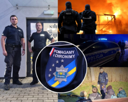 zdjęcie kolorowe: plakat przedstawiający śląskich policjantów na służbie