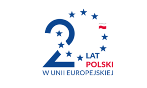 zdjęcie kolorowe: plakat na białym tle napis o treści 20 lat Polski w Unii Europejskiej